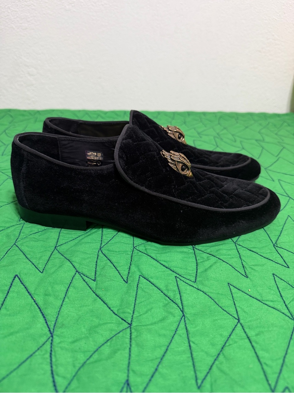 Kurt Geiger Black Velvet Loafers with Gold Emblem